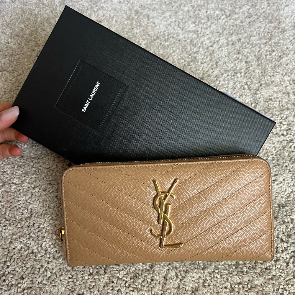 YSL Monogram Grain de Poudre Zip-Around Wallet dark beige